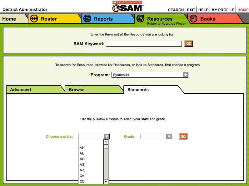 Searching for State Standards Teachers may search directly for specific standards on a state-by-state level for each grade using the Standards Lookup Tool in the Resources tab.