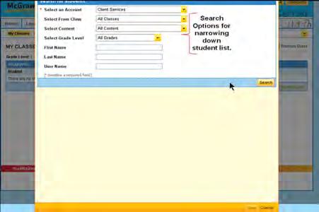 2. The top portion of the screen contains search fields, or students can be found by typing their