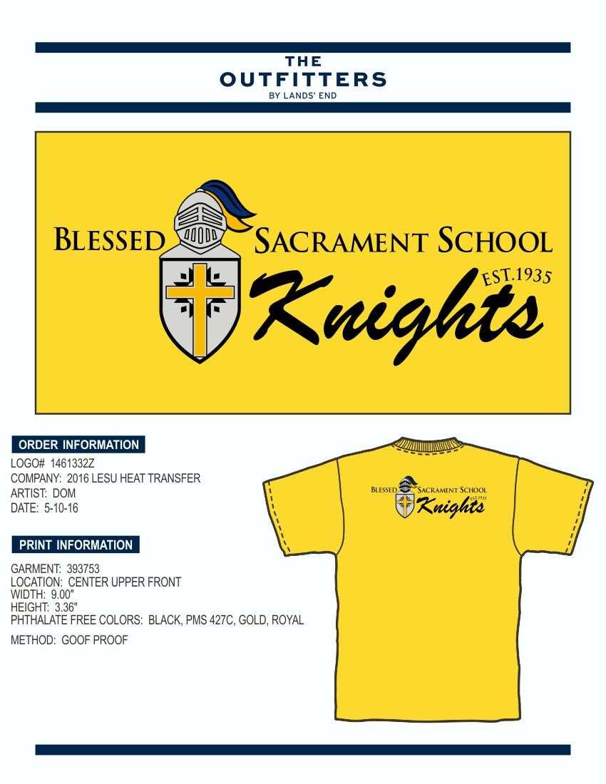 PE Uniforms & Dress Down Days The PE Uniform is a gold shirt with a Blessed Sacrament School logo worn with navy blue athletic shorts.