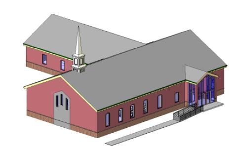 one story 7,600 SF church with 190 in worship.