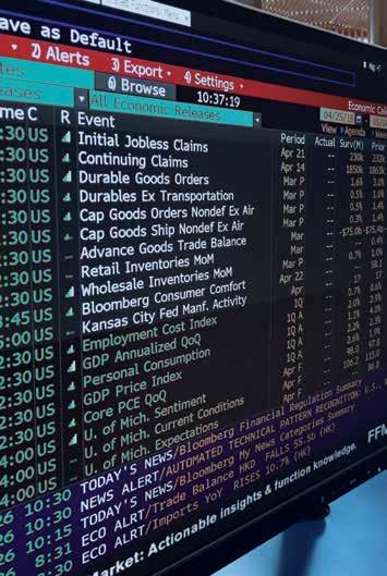 Bloomberg terminals and four screens displaying the latest finance news and global share price information.