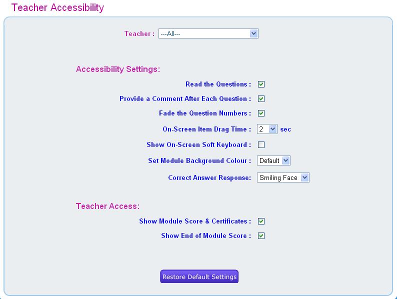 Teacher Accessibility Settings, and 3. Teacher Access.