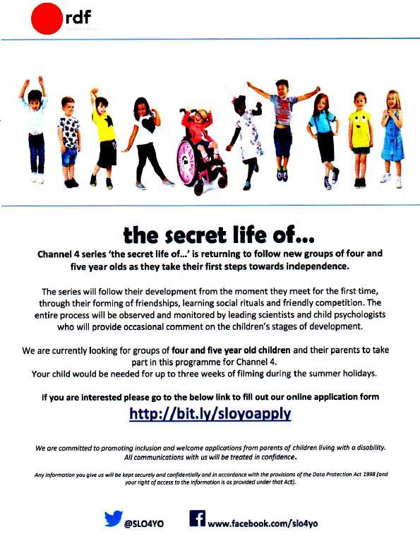 St Michael s School 26 April, 2017 Newsletter No: 27 The Secret Life of Four Year Olds RDF Television are currently recruiting