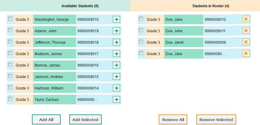 To move selected students to the roster, mark the checkboxes for the students you want to add, then click Add Selected. Figure 28. Add/Remove Students to Roster Panel d.