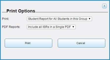 Figure 43. Student Listing Report Page Print Pop-up Window Options for Printing ISRs 3. From the PDF Reports drop-down list, select the type of PDF report you want to generate.
