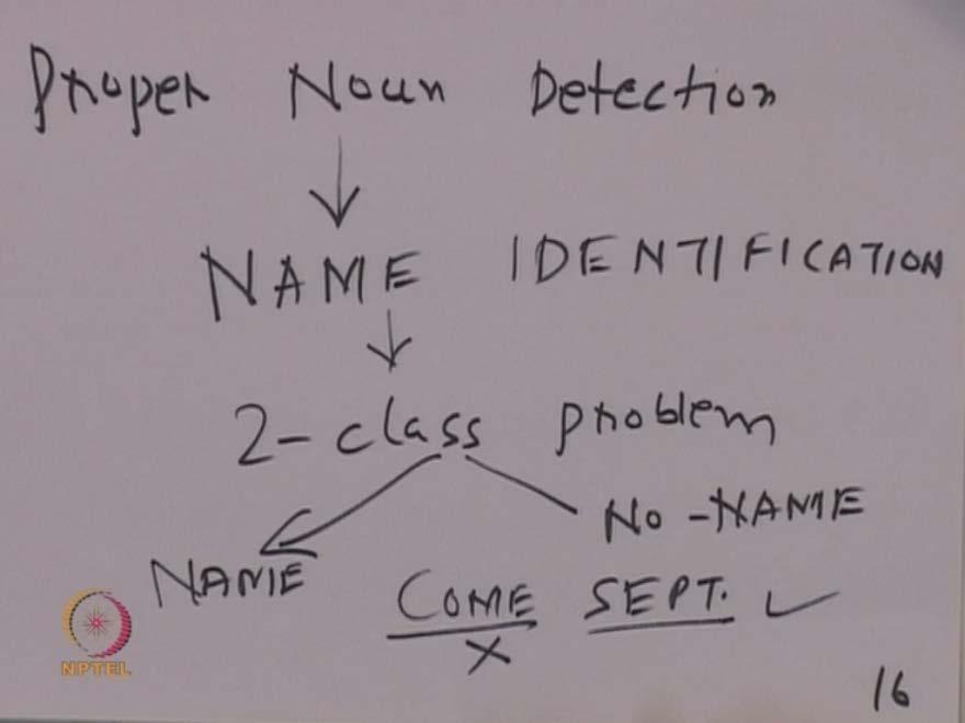 (Refer Slide Time: 20:57) So, proper noun detection is also called name identification, name identification is actually a 2-class problem, namely name or no name, so come September, come September