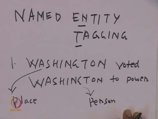 (Refer Slide Time: 04:16) This is named entity tagging, let me give you 2 examples, first example is this Washington voted Washington to power; Washington voted Washington to power, what is the