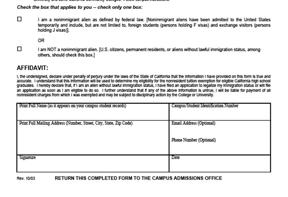 The California Nonresident Tuition Exemption Request Form or
