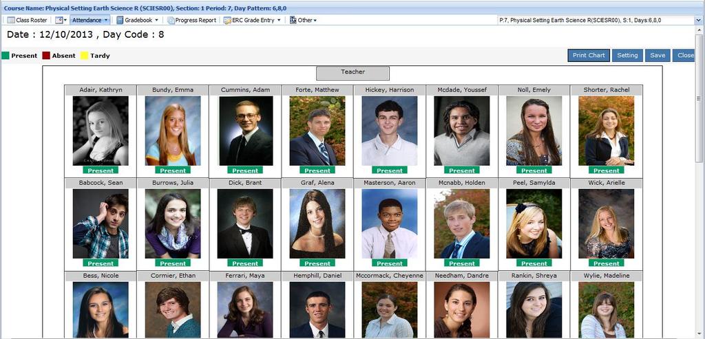 Seating Chart Select Seating Chart from the Attendance Menu to view a visual representation of the selected class. Take attendance by clicking the Attendance buttons below student pictures.