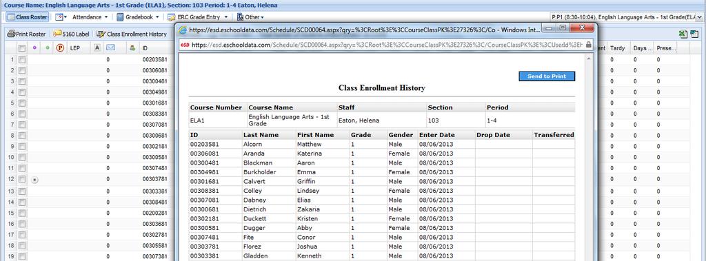 Viewing Class Enrollment History From the Class Roster screen, click the Class Enrollment History button to view the enrollment history for the selected class.