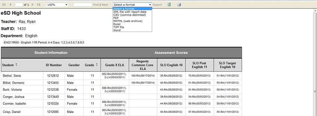 The Student Assessments sub-tab allows teachers to generate a report of