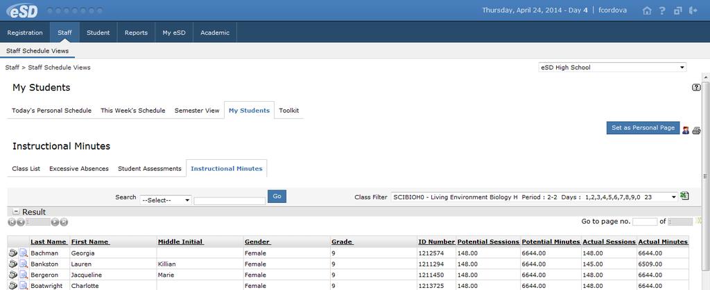 The Instructional Minutes sub-tab allows teachers to to see a report of instructional minutes for their current year students.