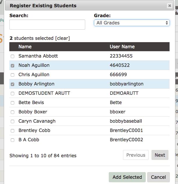 1 Students page Adding an Existing Student to a Course 1. To add additional students to your course, click Add and select Register Existing. 2.