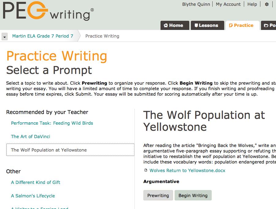 Selecting a Prompt 1. To begin writing, instruct students to click the Practice tab. GETTING STUDENTS STARTED WITH PEG WRITING 2.
