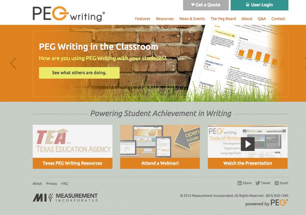 GETTING STARTED Welcome to PEG Writing PEG Writing is a comprehensive writing instruction and assessment system designed to assist students in grades 3 through 12 with improving their writing skills.