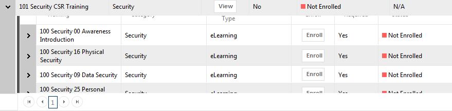 The LMS now shows the learner ALL of their courses in one view. Courses that have a View button in the Enroll column are Learning Paths, i.e. they have multiple parts such as elearning, Word or PDF documents, PowerPoints, or video.