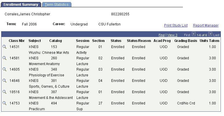 Click the View All link to view all classes on the same page This screen gives an overview of enrollment actions in the term you are viewing.
