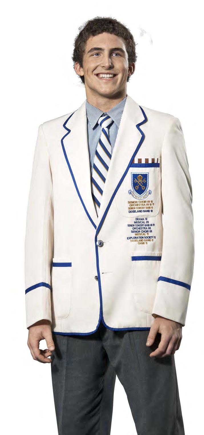 It consists of the School blazer (with gold cross keys on pocket), blue and white striped shirt (tucked in), a School tie, medium grey trousers, black leather belt (with a plain silver buckle), plain