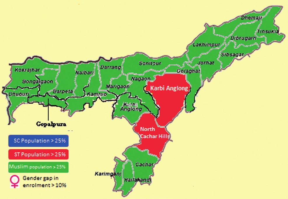Assam Total population 2.66 Cr. Literacy rate 63.3 % Urban population 12.9 Female literacy rate 54.6 % SC population 6.9 Male literacy rate 71.3 % ST population 12.