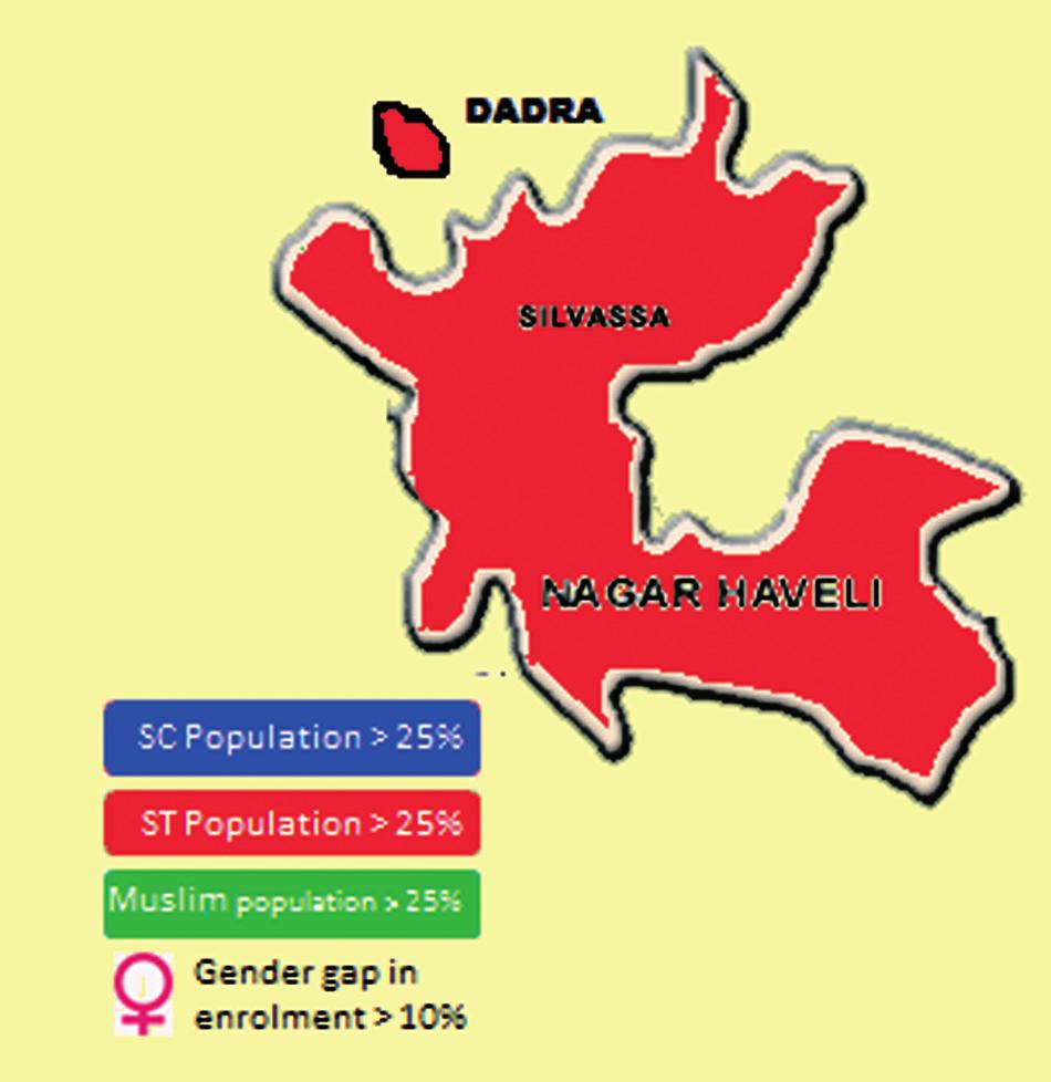 Dadra & Nagar Haveli Total population 2.21 L Literacy rate 57.6 % Urban population 22.9 Female literacy rate 40.2 % SC population 1.9 Male literacy rate 71.2 % ST population 62.