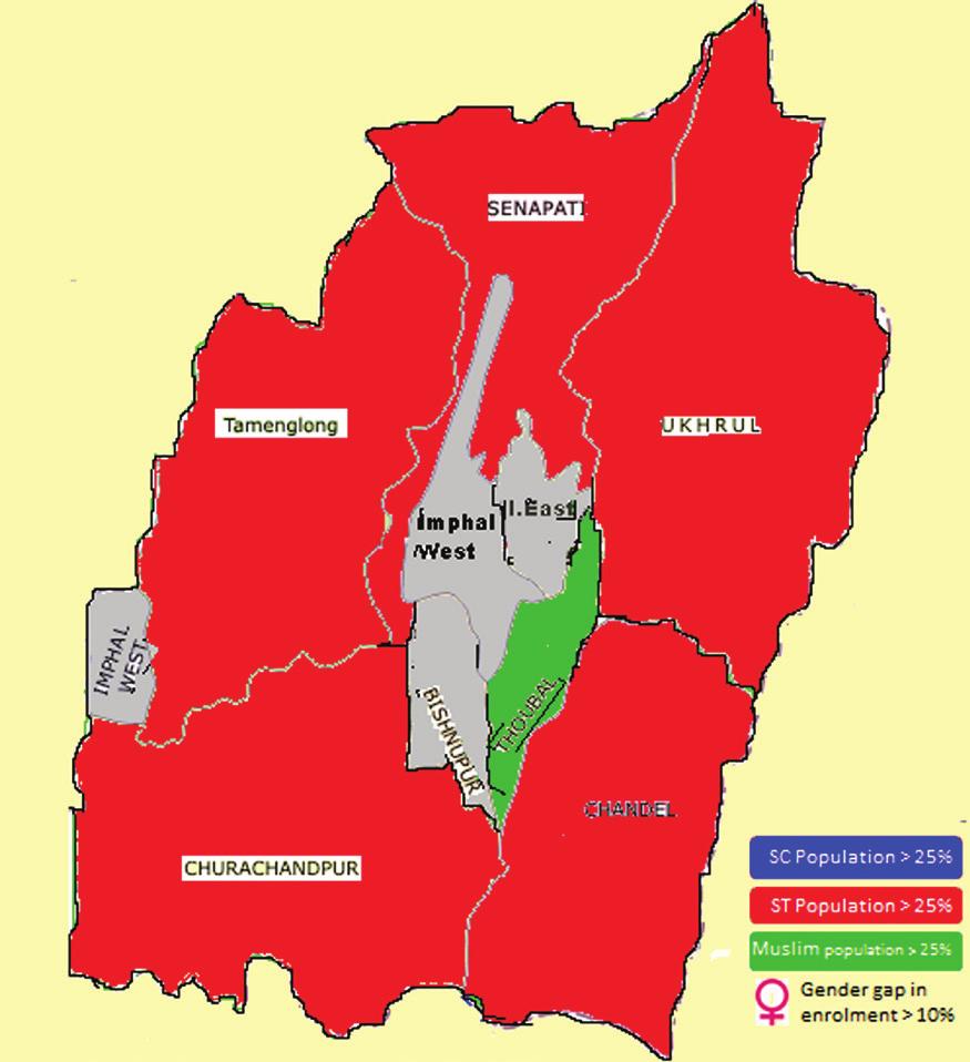Manipur Total population 21.67 L Literacy rate 70.5 % Urban population 23.9 Female literacy rate 60.5 % SC population 2.8 Male literacy rate 80.3 % ST population 34.