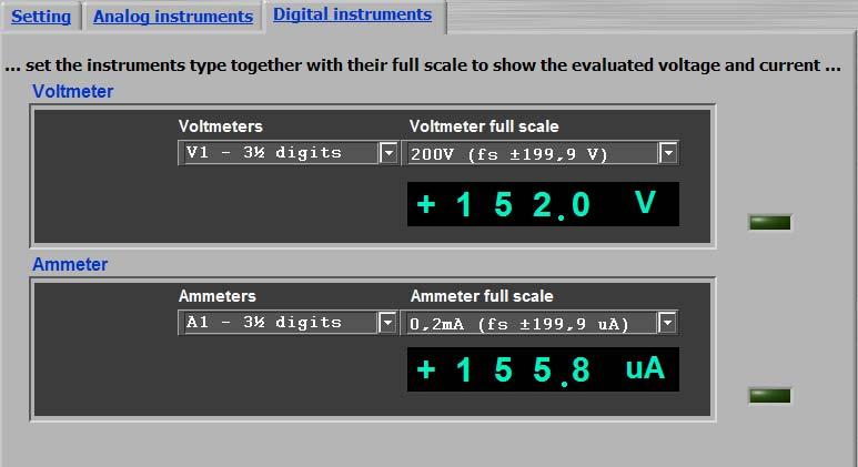 6a and 6b, permit the user to choose to represent the voltage and the current measures in an analogue or a numeric format; in other words, the user can carry out the choice of an analogue instrument