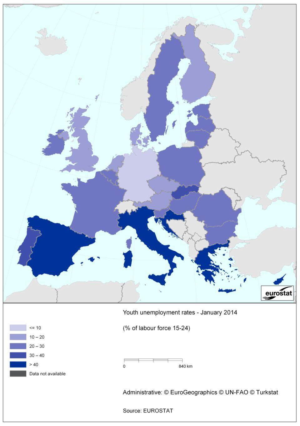 Youth unemployment rates in January 2014 Greece, Spain, Croatia:
