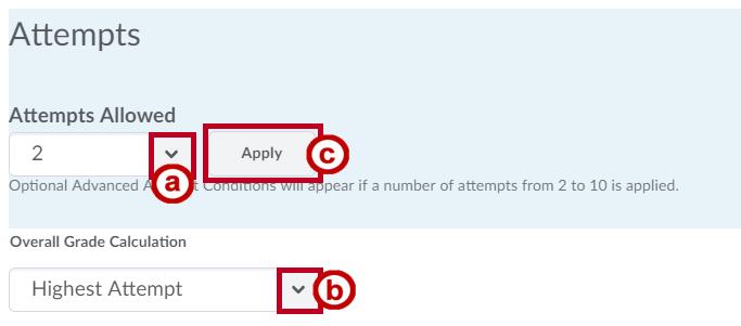 In the Attempts section, the number of attempts for the quiz defaults to one, but you have the ability to increase the number of times a quiz may be taken and how to calculate the overall grade for