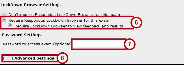 Click the Require Respondus LockDown Browser radio button (See Figure 72). (Optional) Insert a password to access the quiz, if desired (not required) (See Figure 72).