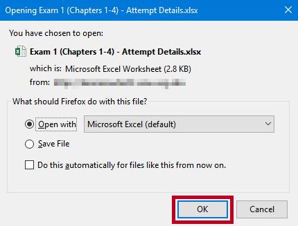 4. The Grade Quiz screen appears. Click Export to Excel. Figure 89 - Click Export to Excel 5. A pop-up window appears with Open with Microsoft Excel selected by default.