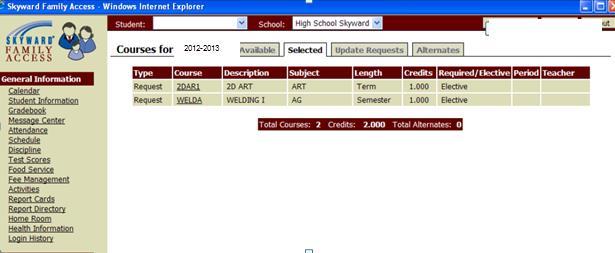 Selected is a listing of course requests and alternates to be used for the scheduling of next school year.