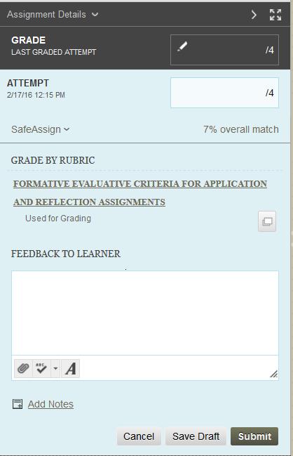 From the Needs Grading area of the grade center, you will see a Needs Grading indicator once a student has submitted an assignment. 2. Click on the Attempt to begin the grading process. 3.
