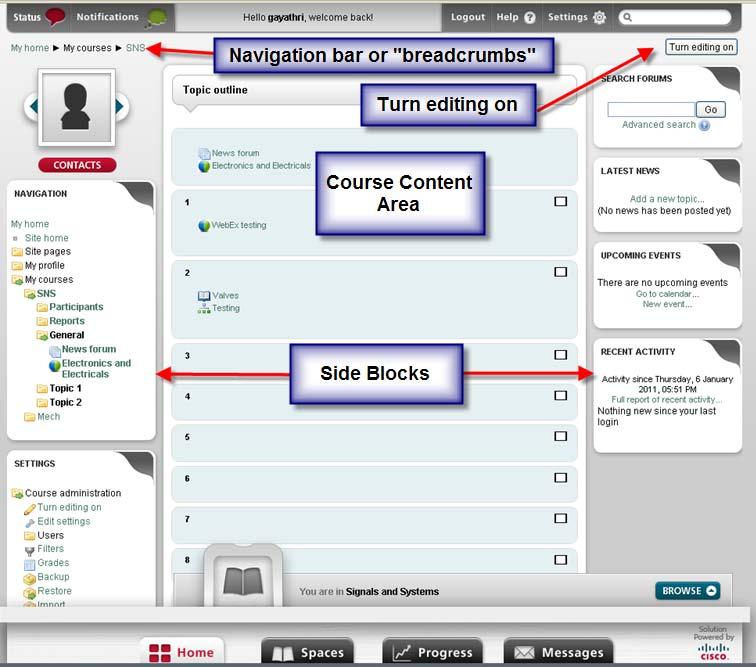 My Courses As shown in the Figure, a course contains blocks, which can be added, removed and rearranged on the left and right sides and course content in the middle of the screen.