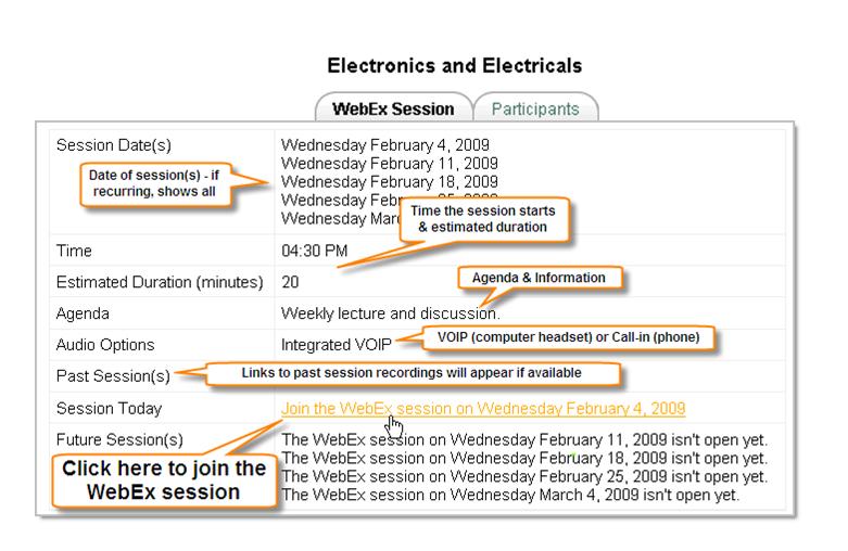 WebEx Session Participation A link that logs you directly into the WebEx session will appear inside the activity before the session starts.