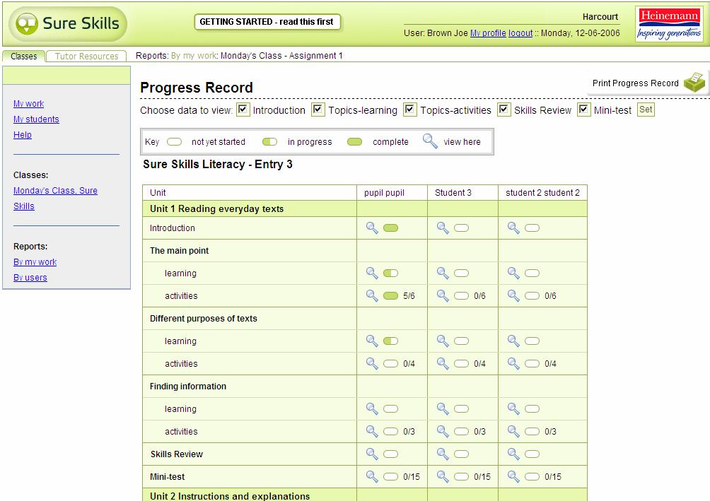 This will take you through to the Progress Record for that assignment. Click here to print the record. Check the boxes and press Set to see different bits of the record.