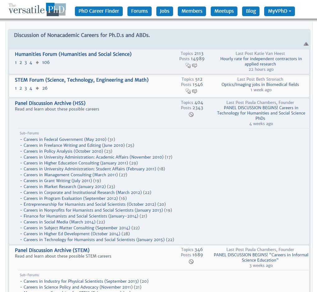 Clicking on the Forums tab will take you to the Discussion Forum page. Here you can find, or search for, current discussion threads, current panel discussions, and archived panel discussions.