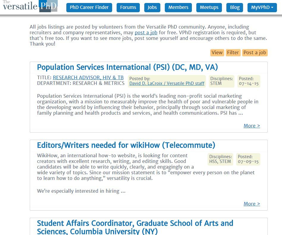Navigating the Jobs Tab Click on the Jobs tab to see job postings from members of the Versatile PhD Community.