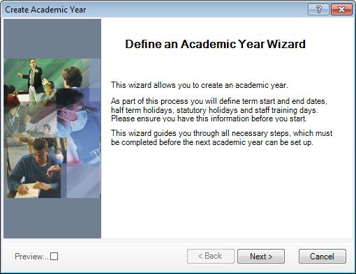 1. Select Routines School Academic Year to display the Create Academic Year wizard. 2. Click the Next button to display the Define the school working week page.