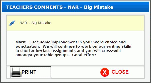 2. The student clicks on Teacher Comments tool in the ACTION column. 3.
