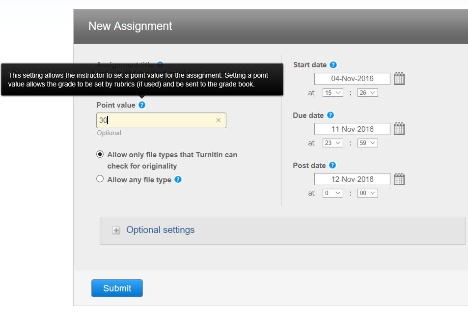 Adding Assignments The Point value option allows the Turnitin grade book to calculate the final mark for the