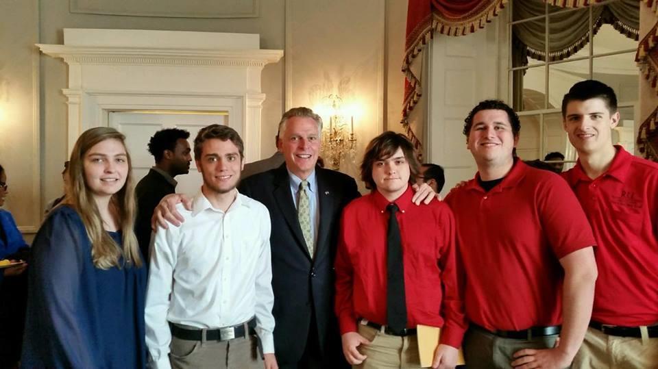 CYBER CUP SUCCESS LEADS TO MEETING WITH VIRGINIA GOVERNOR FOR RU IT STUDENTS Cyber Defense Club members Carlie Addicks, Michael Basala, Johnnie Myers, Ben Adams, and Jacob Walters with Virginia