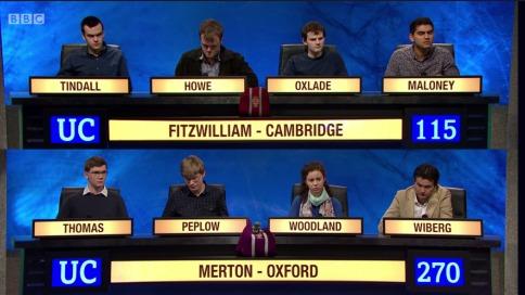 Hugh Oxlade (OB 2006-13) on University Challenge 2018 In a hard fought Merton Oxford vs Fitzwilliam Cambridge match Hugh s team unfortunately lost by 270 to 115 but still have the chance to progress