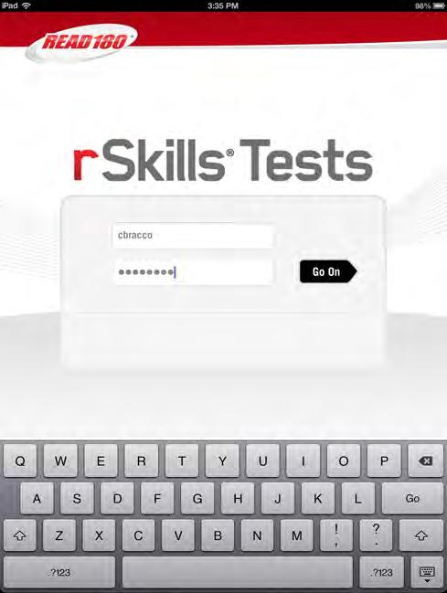 Logging In Tapping the rskills Tests app from the ipad Home Screen opens the rskills Tests Login Screen.