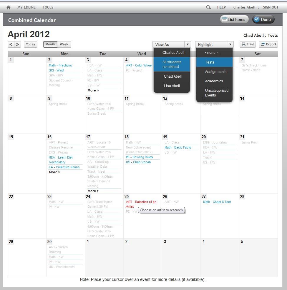 Example of Combined Calendar for Parent with Several Children with Tests Highlighted To Open the Combined Calendar From the My Edline menu, under My Content, select Combined Calendar.
