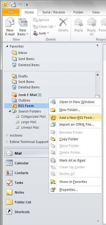 Outlook Mail Options 5. Right-click on the RSS icon and choose Add a New RSS Feed from the menu. New RSS Feed Dialog 6.