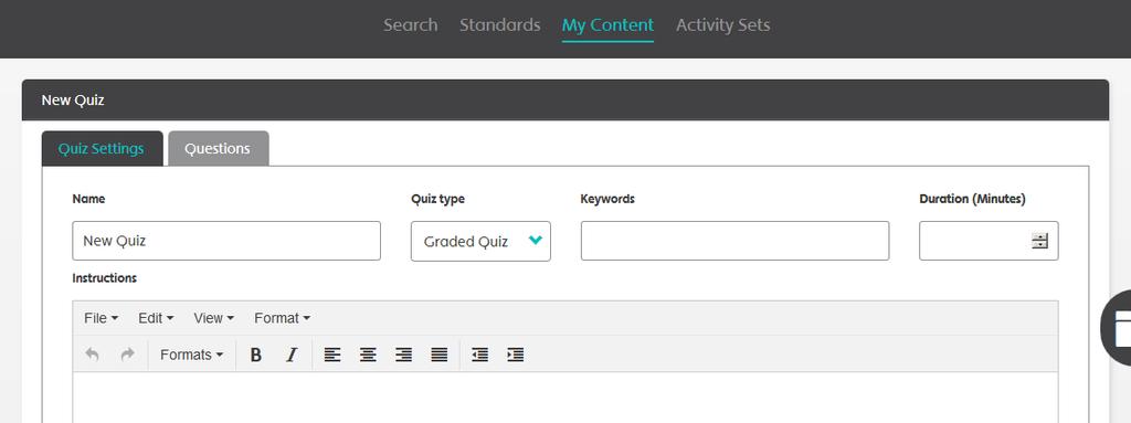 User Guide Build Quizzes 17 Build Quizzes On the Activities page, go to the My Content tab and click the New Quiz button.