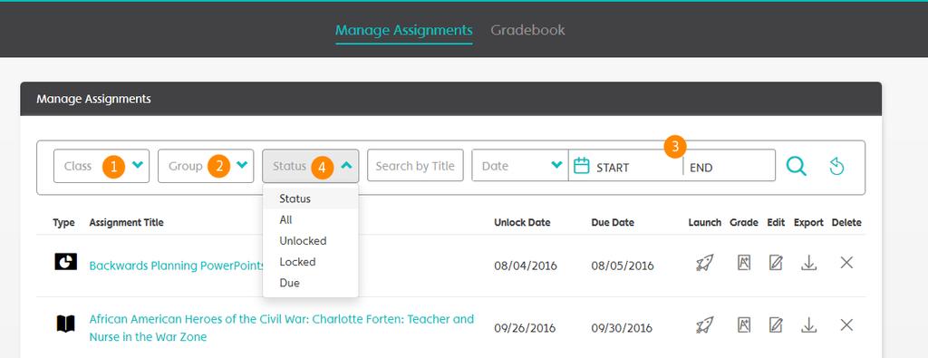 User Guide Manage Assignments 19 Assignments and Grades Manage Assignments From the Active Classroom homepage or menu, click Assignments and Grades.