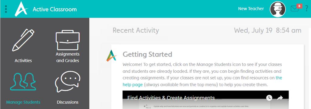 User Guide Getting Started 2 Getting Started Create Classes Log in to Active Classroom and click the Manage Students icon.