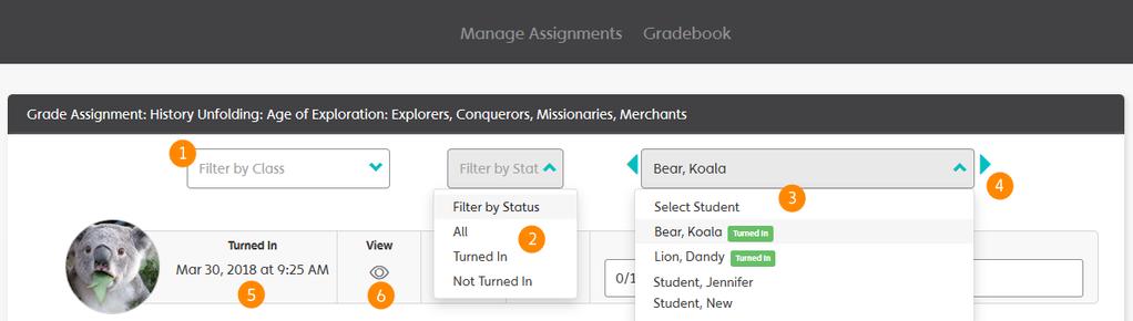 User Guide Grade Assignments 20 Grade Assignments If your assignment has multiple classes or groups, you will see the Filter by Class and/or Filter by Group dropdowns [1].