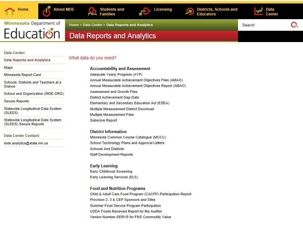 Navigating MDE Website MDE > Data Center > Data Reports and Analytics *